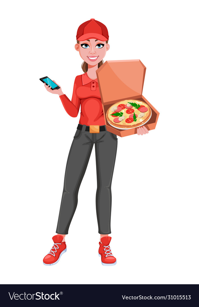 Kurier Frau mit leckerer Pizza