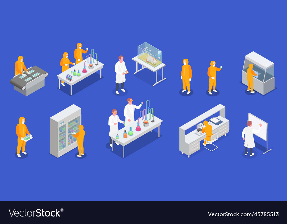 Pharmaceutical production isometric set vector image Pharmaceutical production isometric set