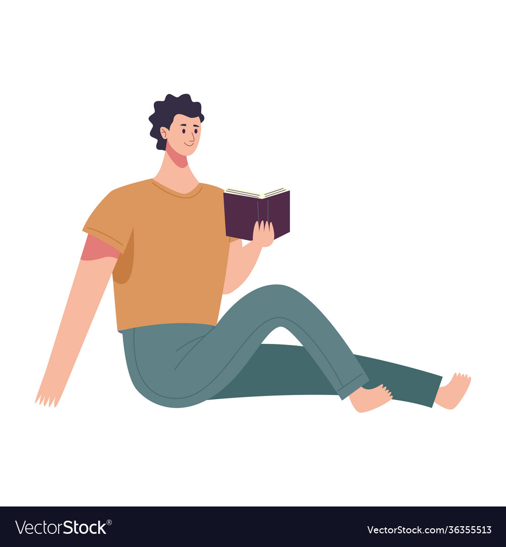 Reader man reading book seated character Vector Image