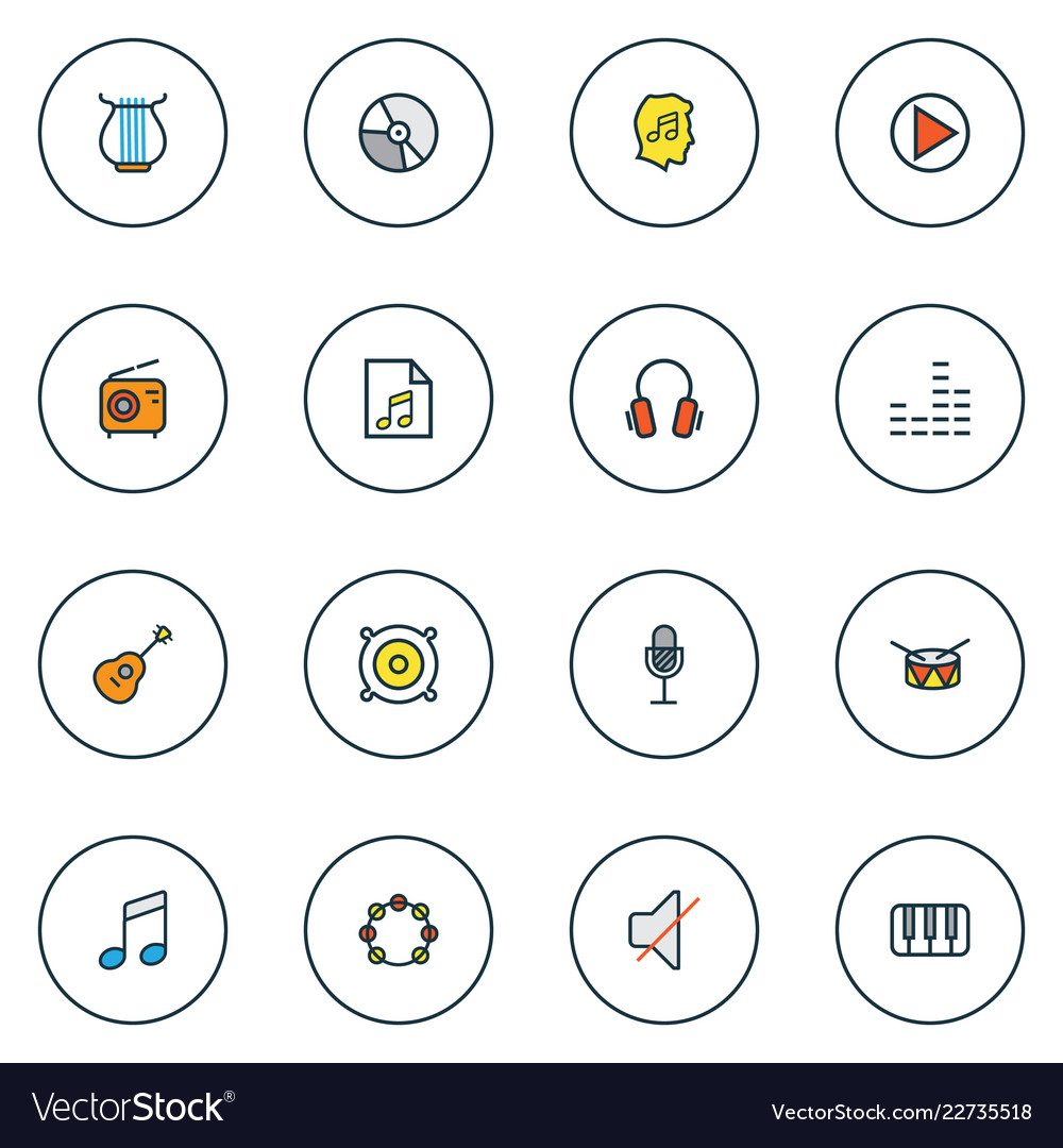 Multimedia icons colored line set with drum notes