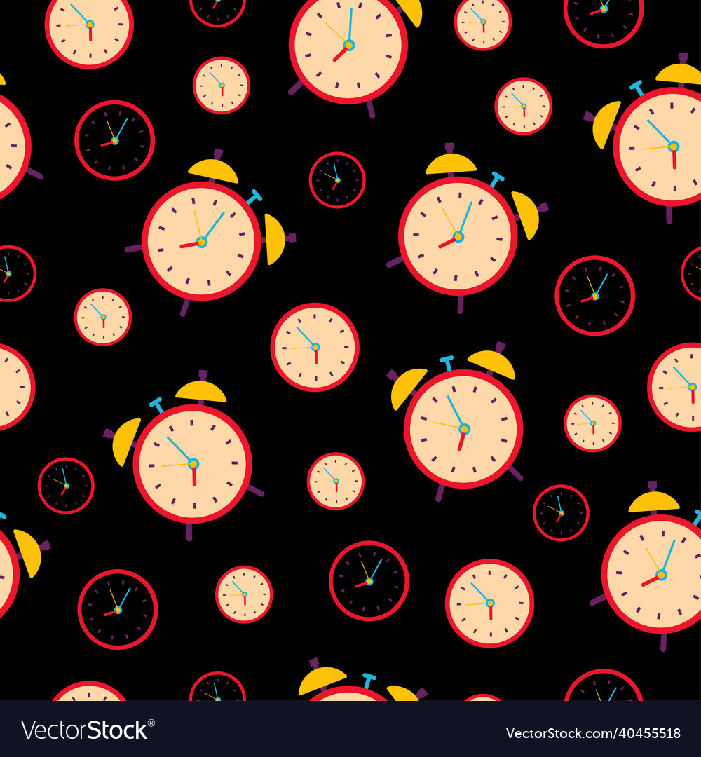 Seamless pattern with a clock on black vector image Seamless pattern with a clock on black
