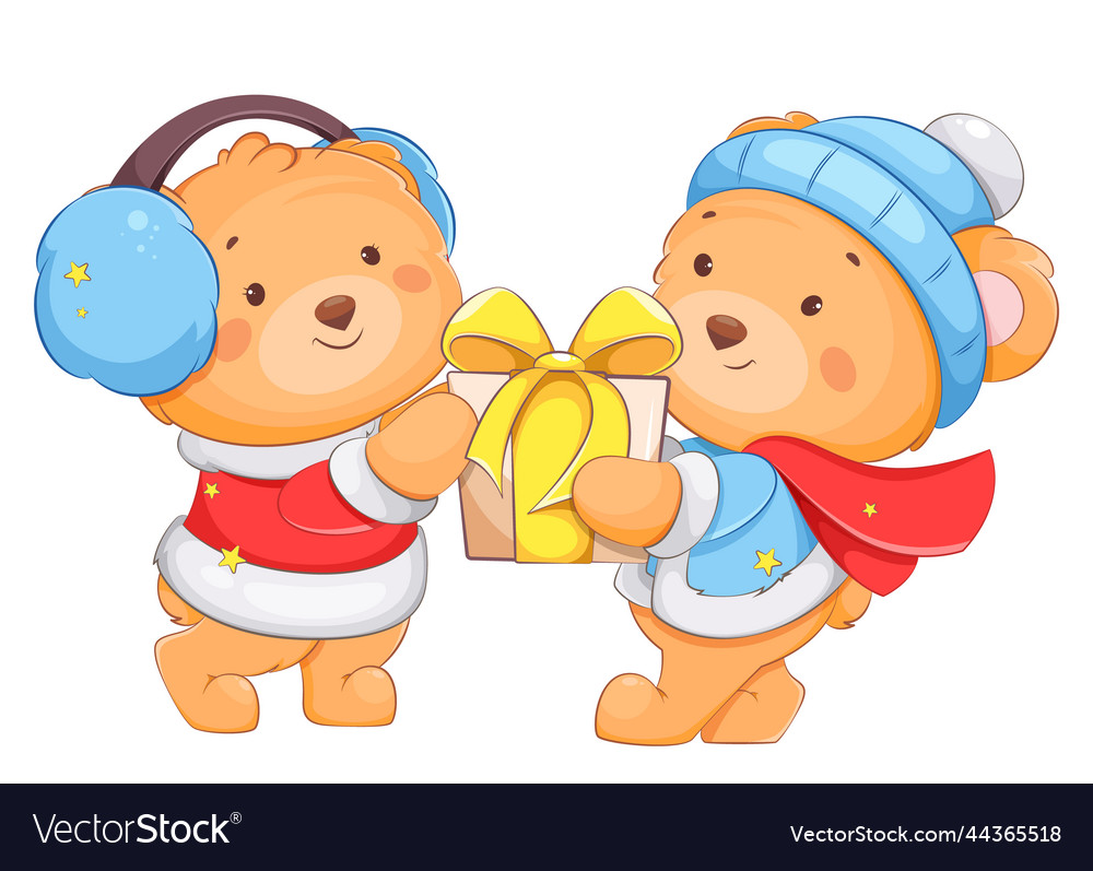 Two cute bears cartoon characters with gift box