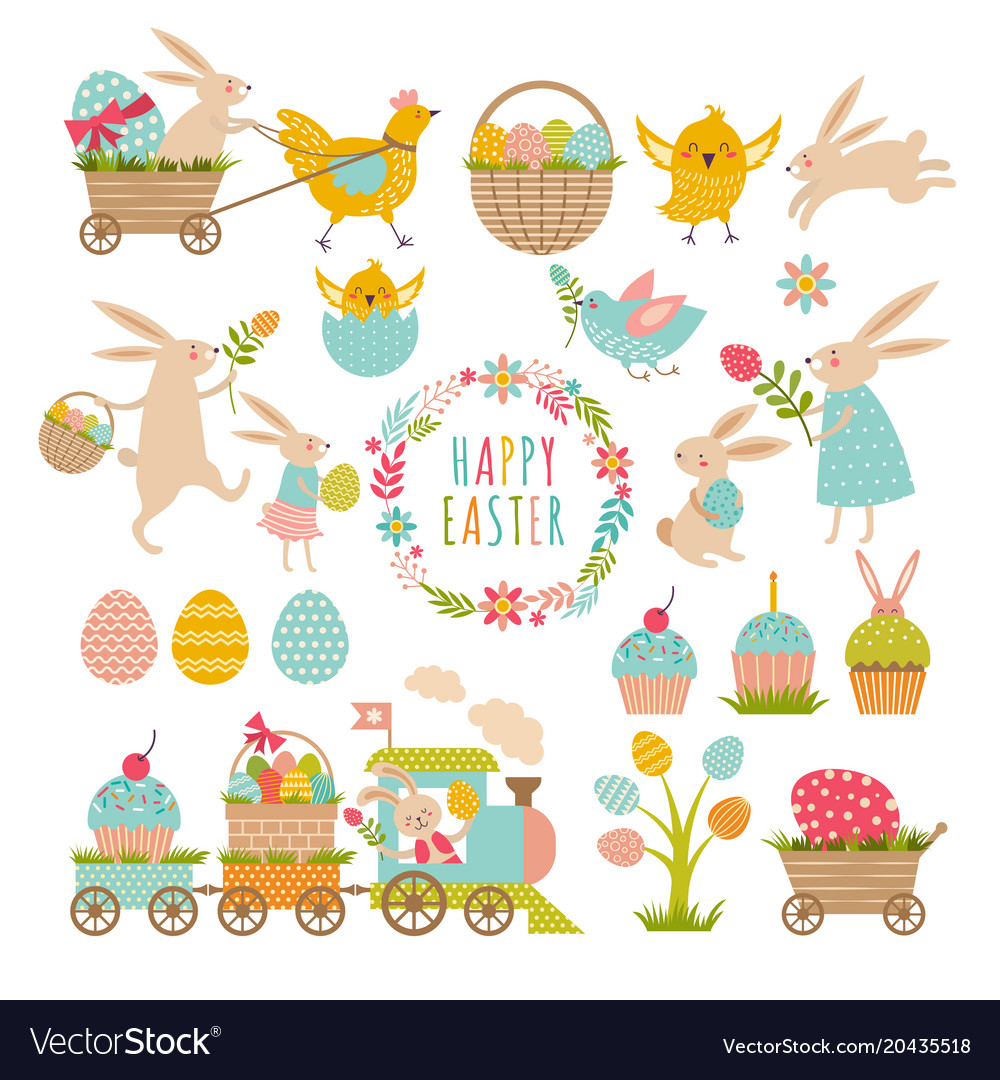 Vintage elements set of easter theme rabbits