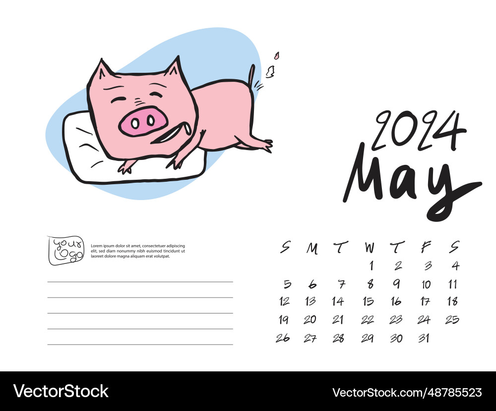Calendar 2024 design template with cute pig Vector Image