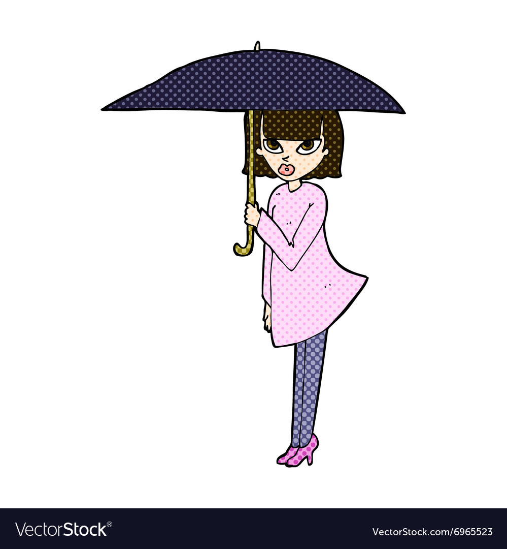 Comic cartoon woman with umbrella