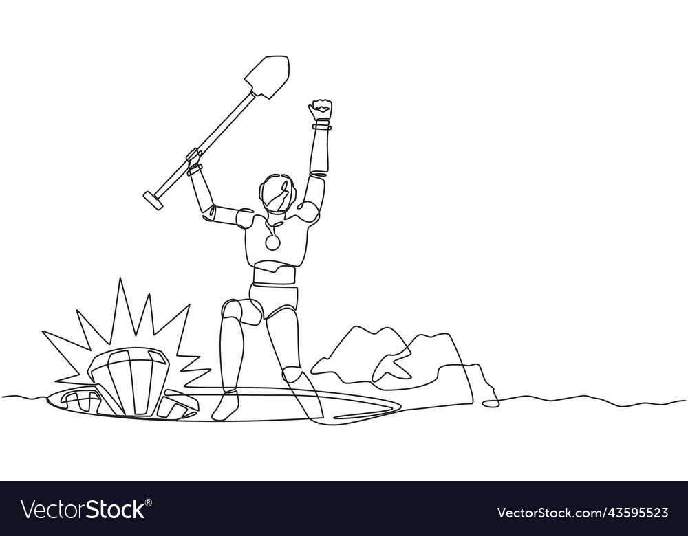 Continuous one line drawing happy robot lifting vector image Continuous one line drawing happy robot lifting