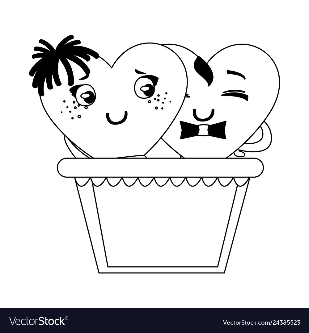Paar Herzen im Ballonkorb kawaii Zeichen vector image Paar Herzen im Ballonkorb kawaii Zeichen