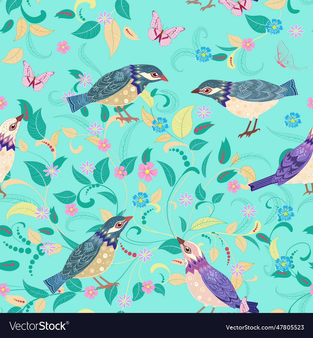 Fashion Seamless Texture With Birds And Floral Vector Image