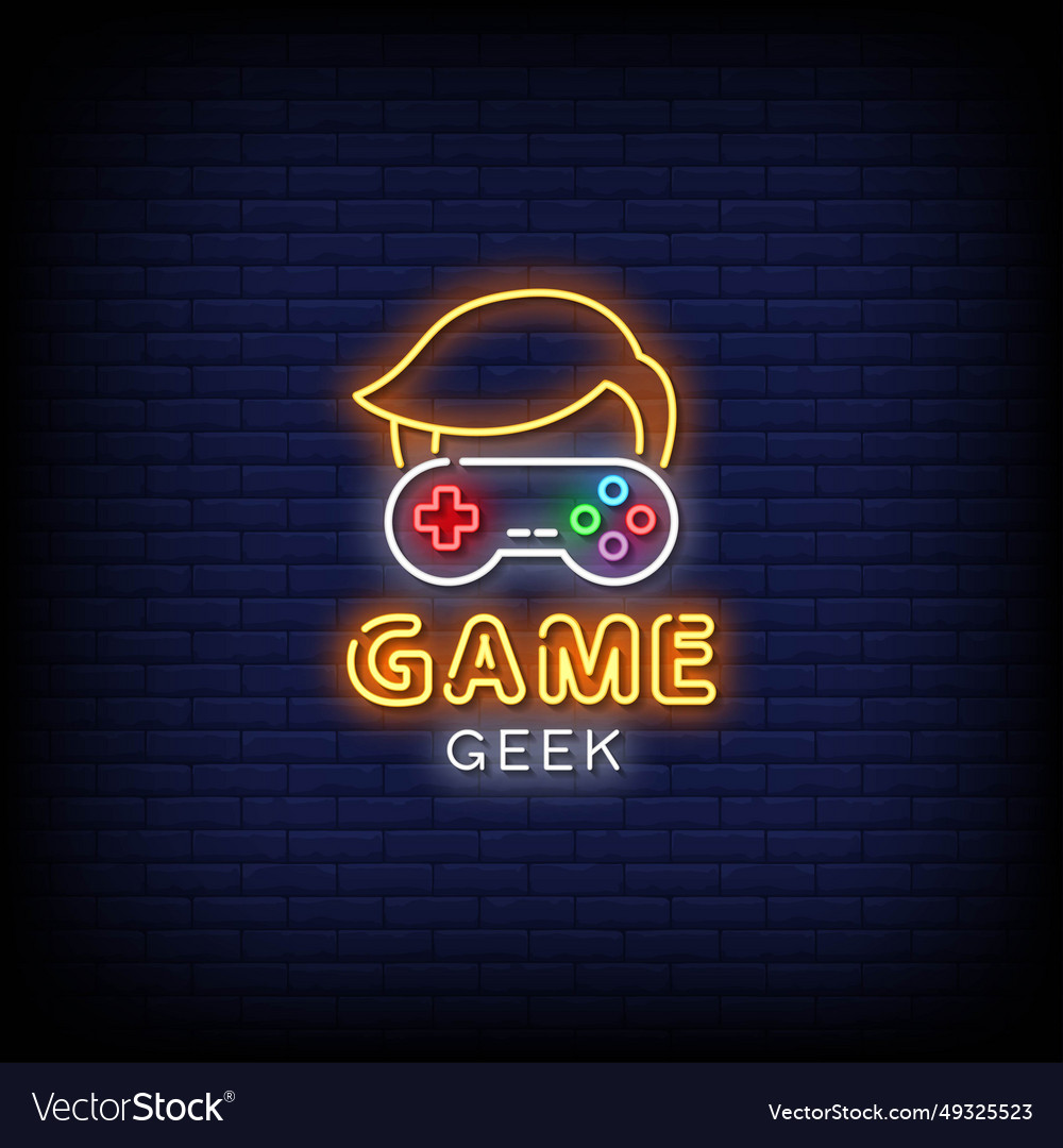 Neon sign game geek with brick wall background vec