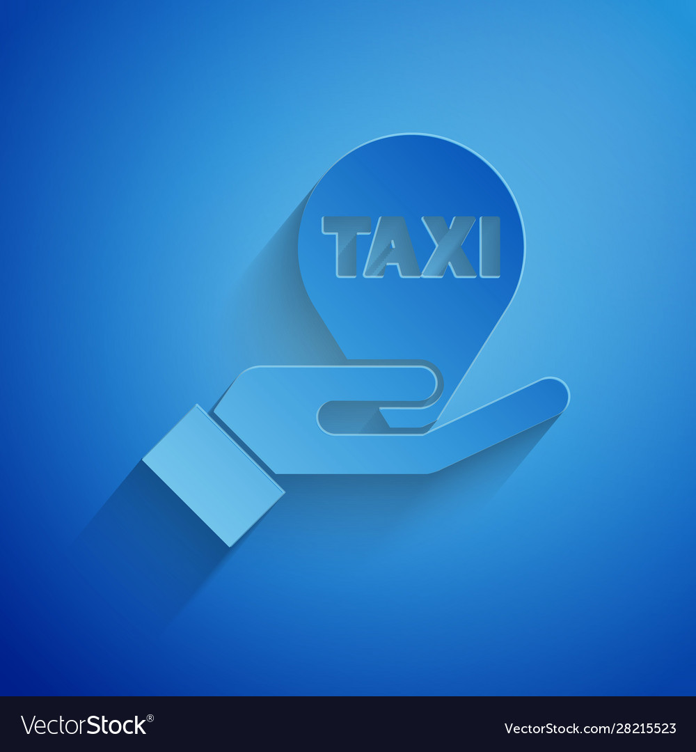Paper cut hand on map pointer with taxi icon vector image Paper cut hand on map pointer with taxi icon