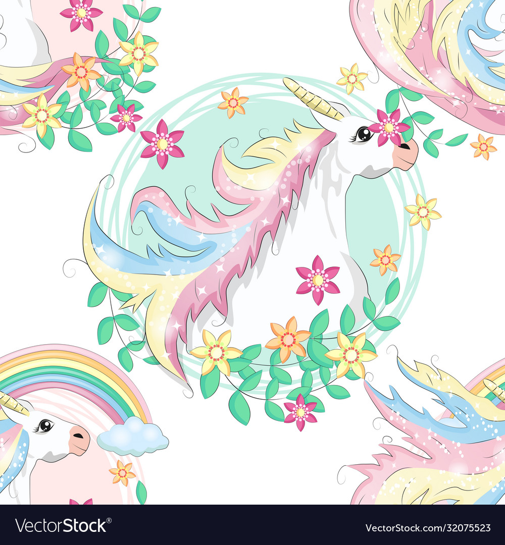 Pattern with cute unicorns cloudsrainbow