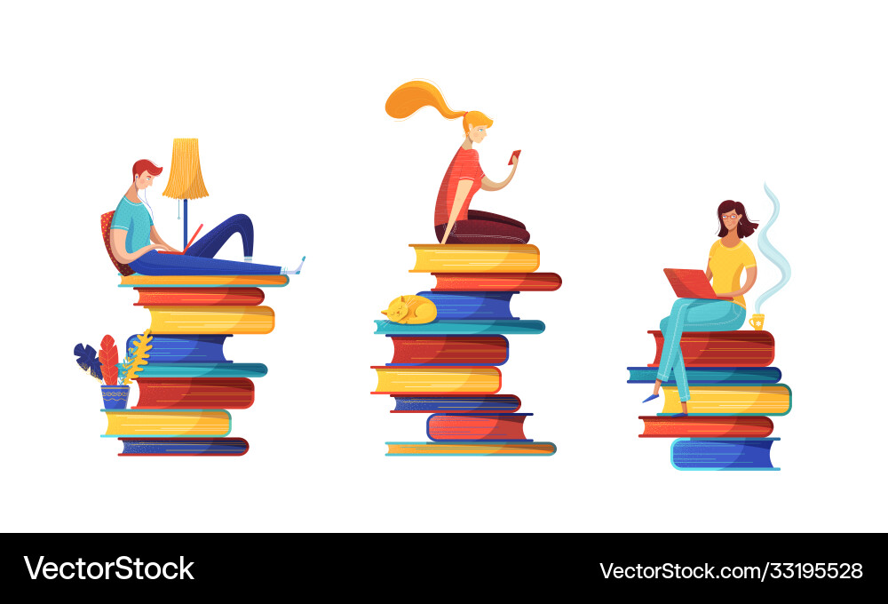 Digital library readers flat set Royalty Free Vector Image