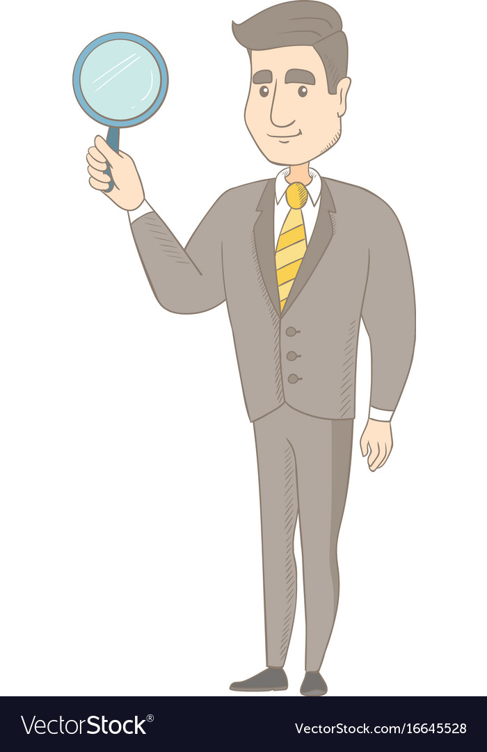 Young caucasian businessman with magnifying glass Vector Image