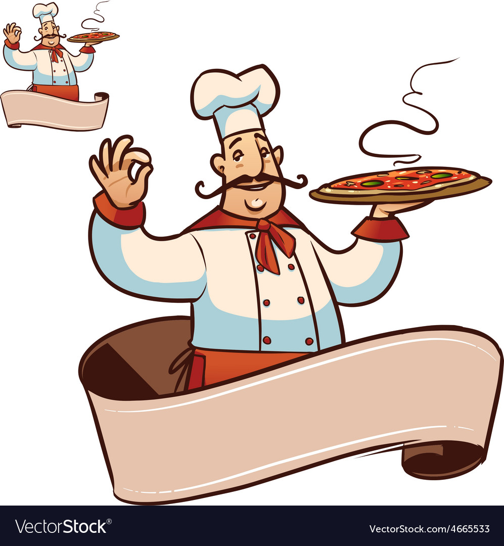 Cartoon cook character with ribbon for title