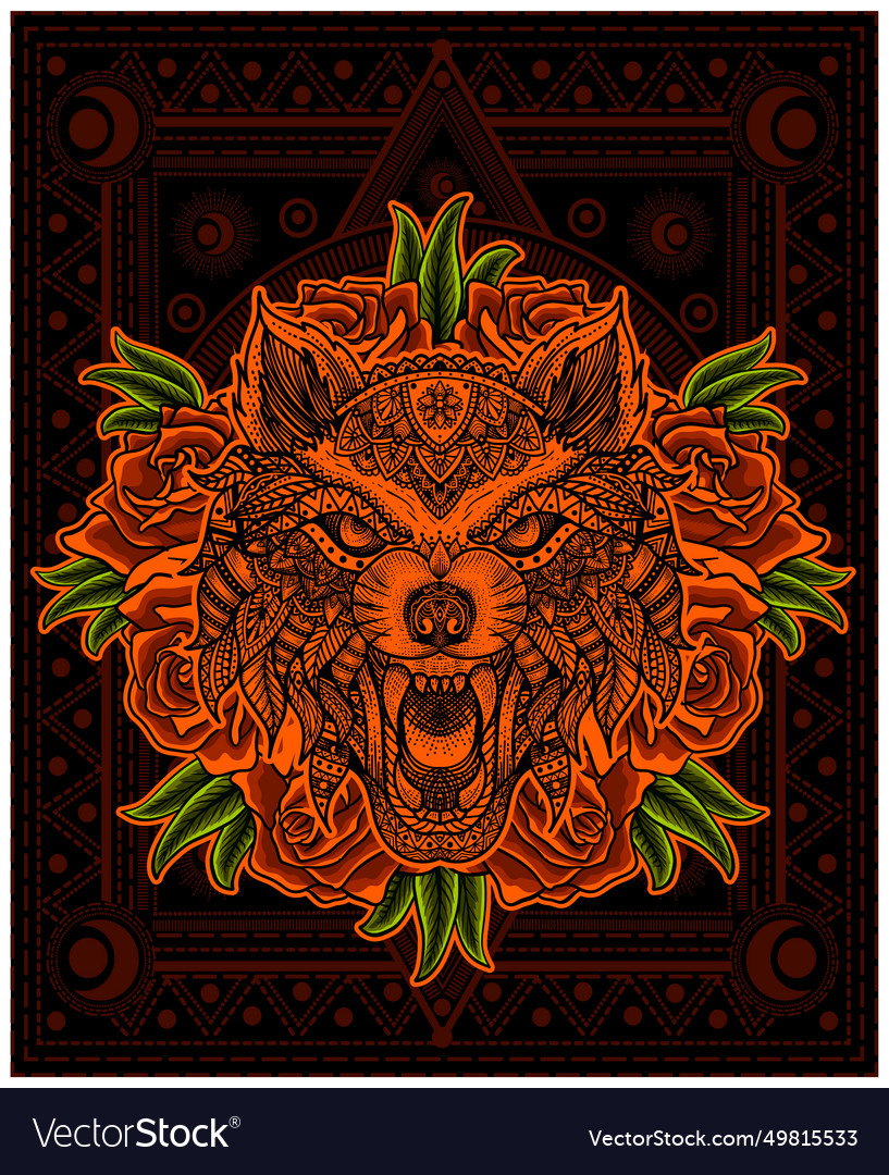 Wolf head mandala with rose flower Royalty Free Vector Image