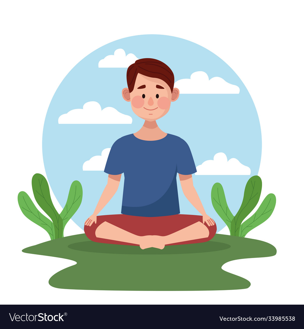 Young man in lotus position with leafs scene Vector Image