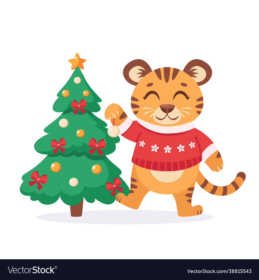 Cute tiger with christmas tree year