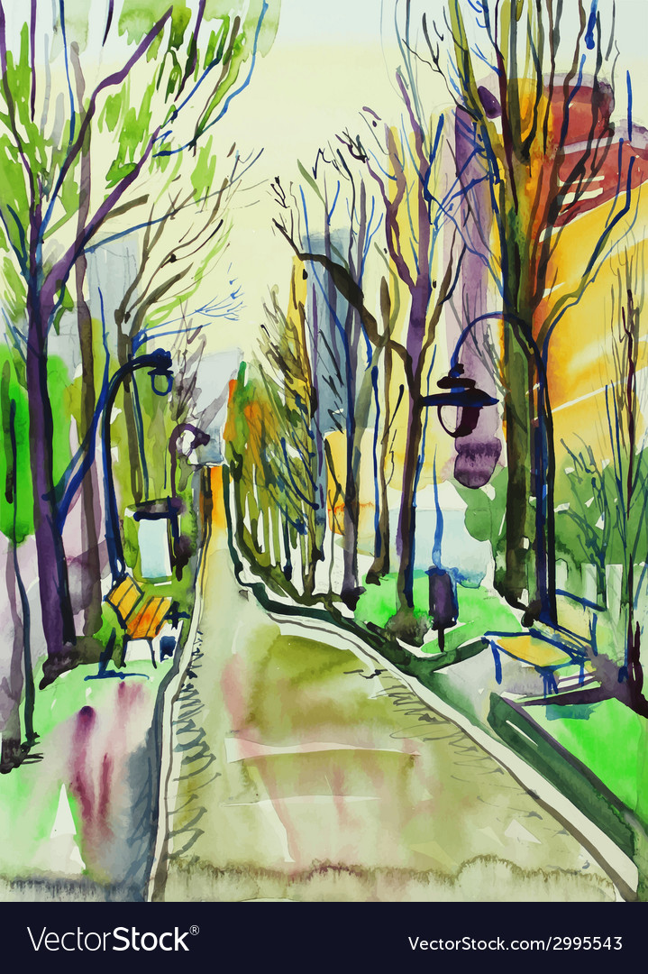 Original watercolor painting city park Royalty Free Vector