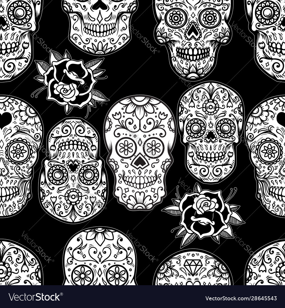 Seamless pattern with mexican sugar skulls vector image Seamless pattern with mexican sugar skulls