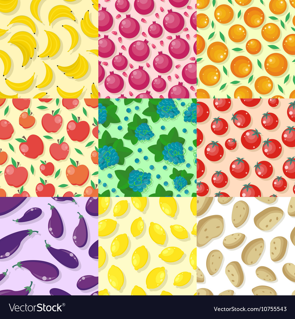 Set of fruits and vegetables seamless patterns