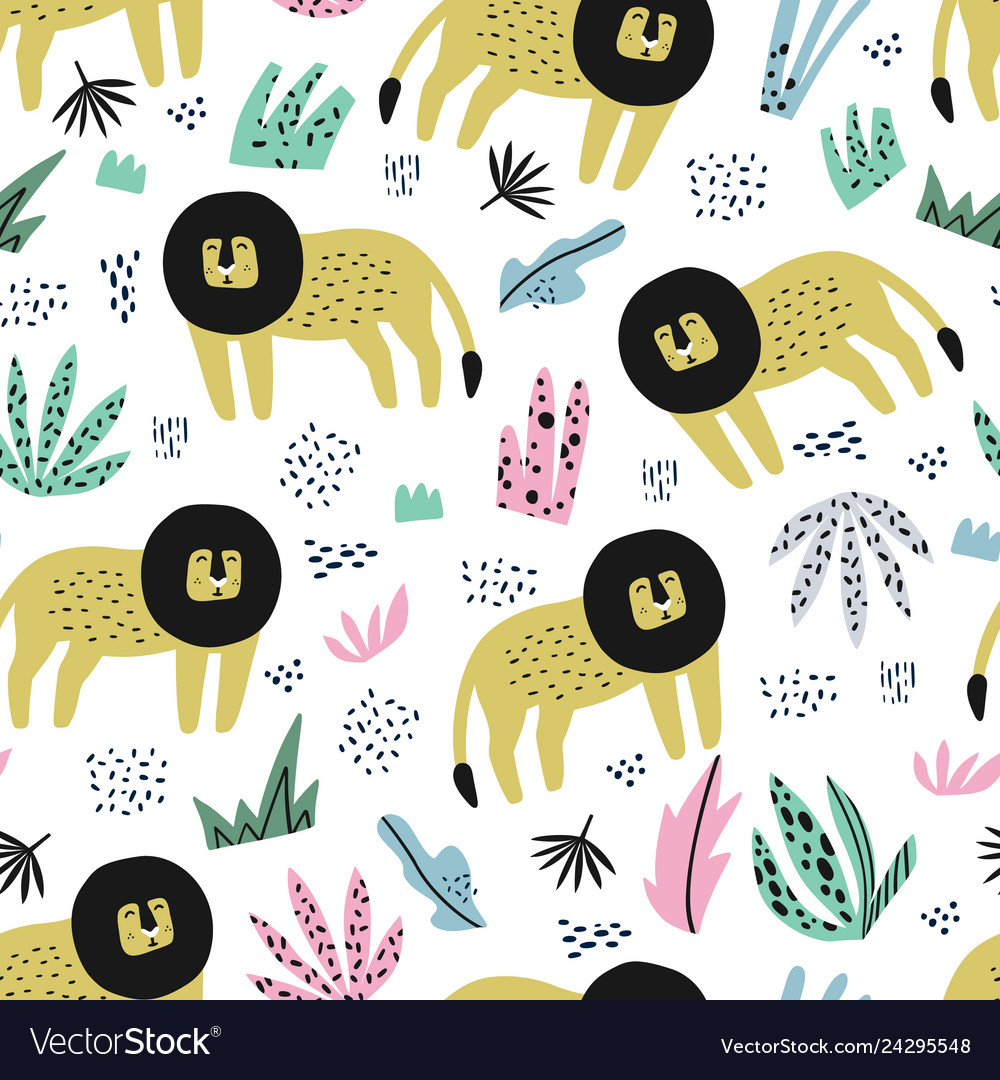 Lion flat hand drawn seamless pattern vector image Lion flat hand drawn seamless pattern