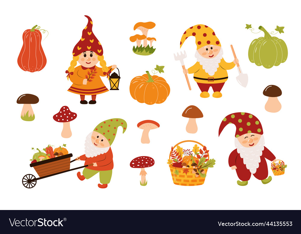 Autumn garden gnomes mushrooms pumpkins set