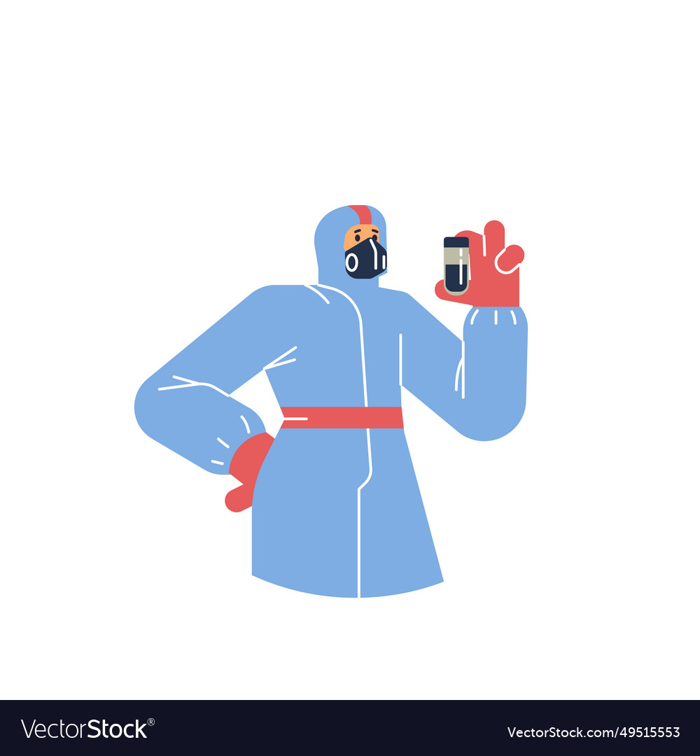 Man in a protective suit with flask his hands