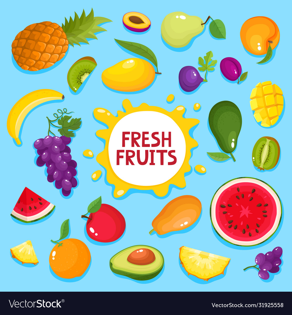 Colorful cartoon fresh fruit poster isolated