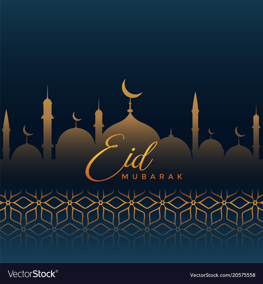 eid mubarak greeting with mosque silhouette and vector image
