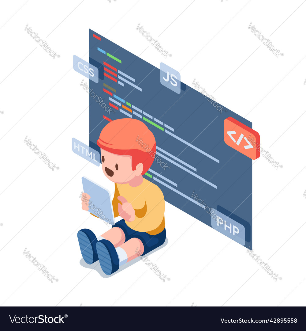 Isometric kids coding and programing on digital Vector Image