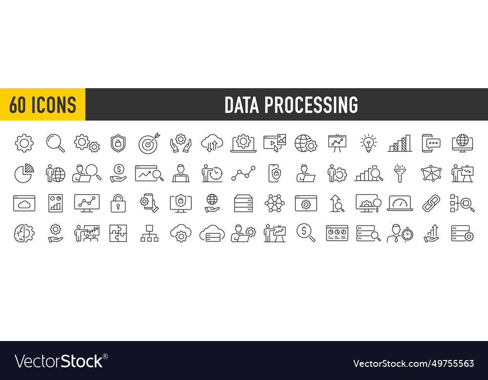 Set of 60 data processing web icons in line style vector image Set of 60 data processing web icons in line style