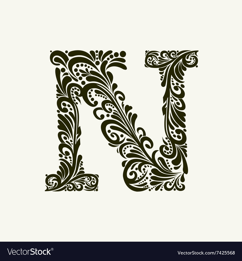 Elegant Capital Letter N In Style Baroque Vector Image
