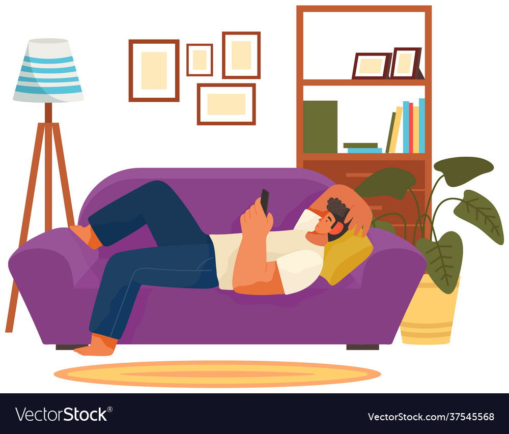 Guy playing on smartphone is lying couch Vector Image