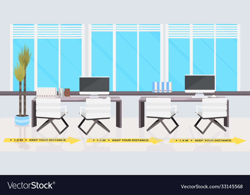 Workplace desk with signs for social distancing