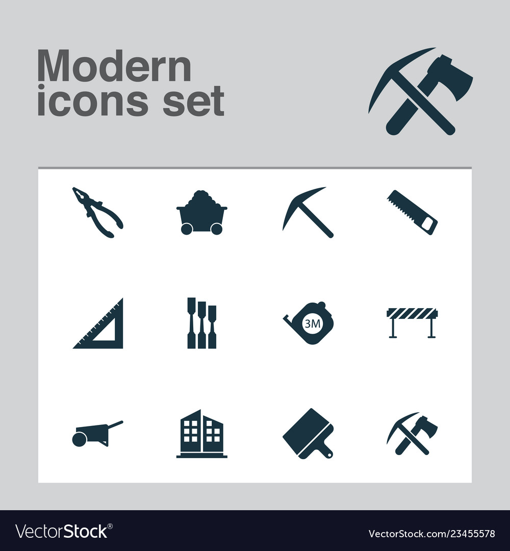 Construction icons set with building cart pliers