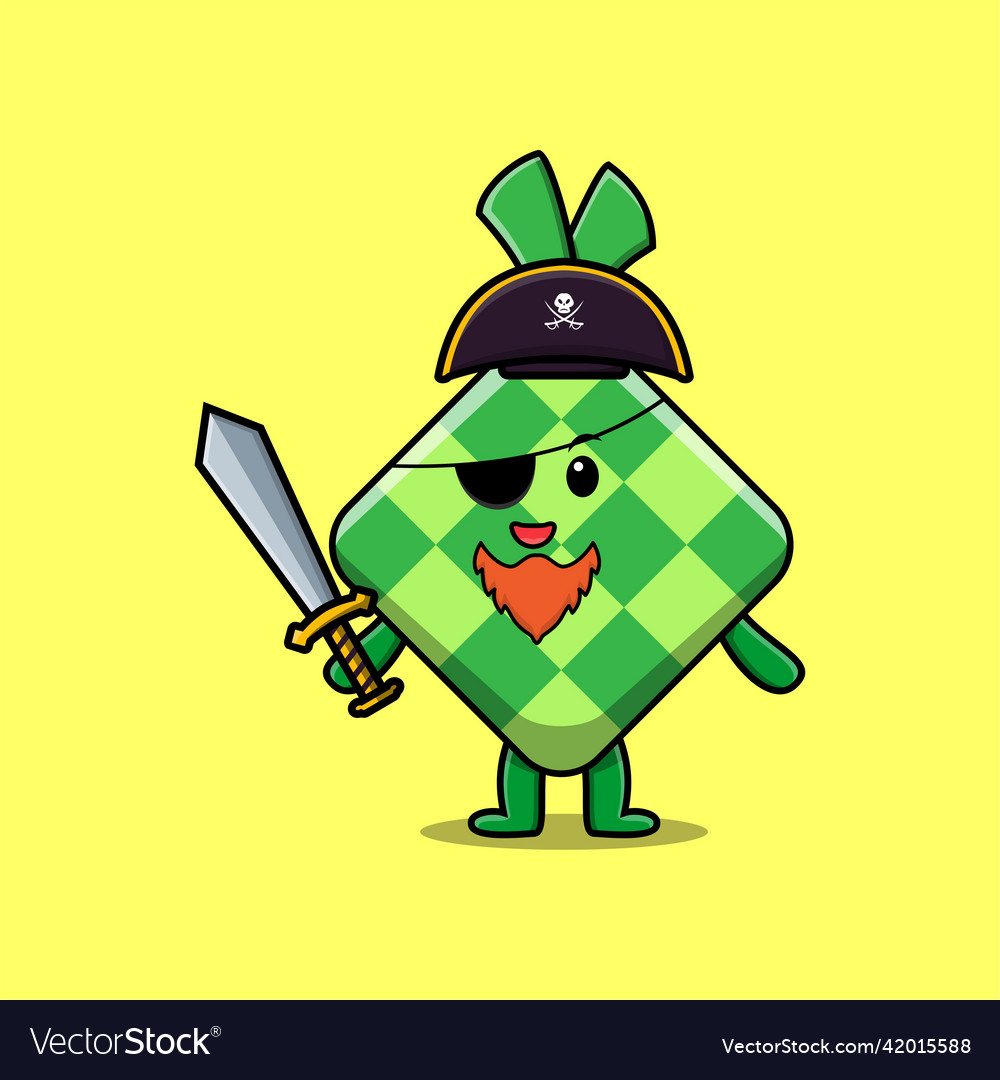 Cute cartoon ketupat pirate with hat and sword Vector Image