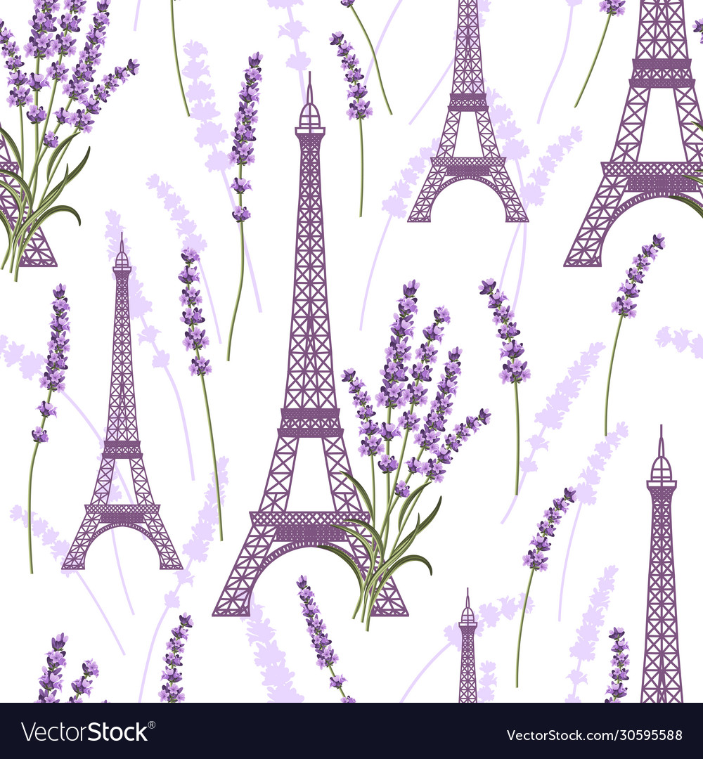 Seamless pattern with lavender flowers and eiffel vector image Seamless pattern with lavender flowers and eiffel