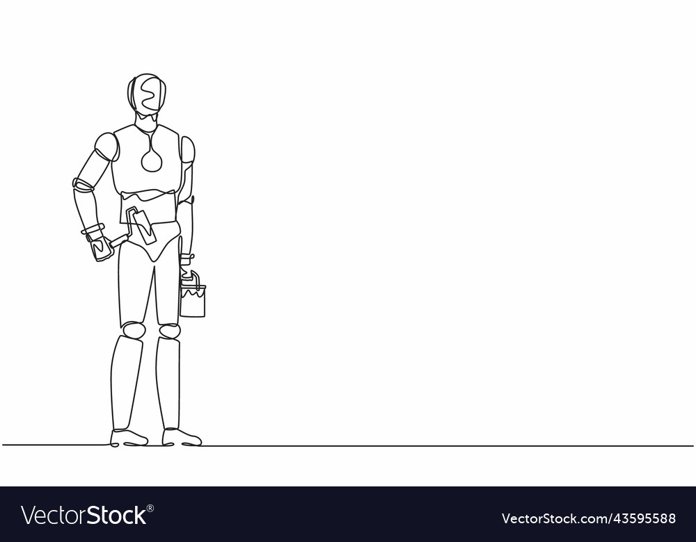 Single continuous line drawing robot holds roller vector image Single continuous line drawing robot holds roller