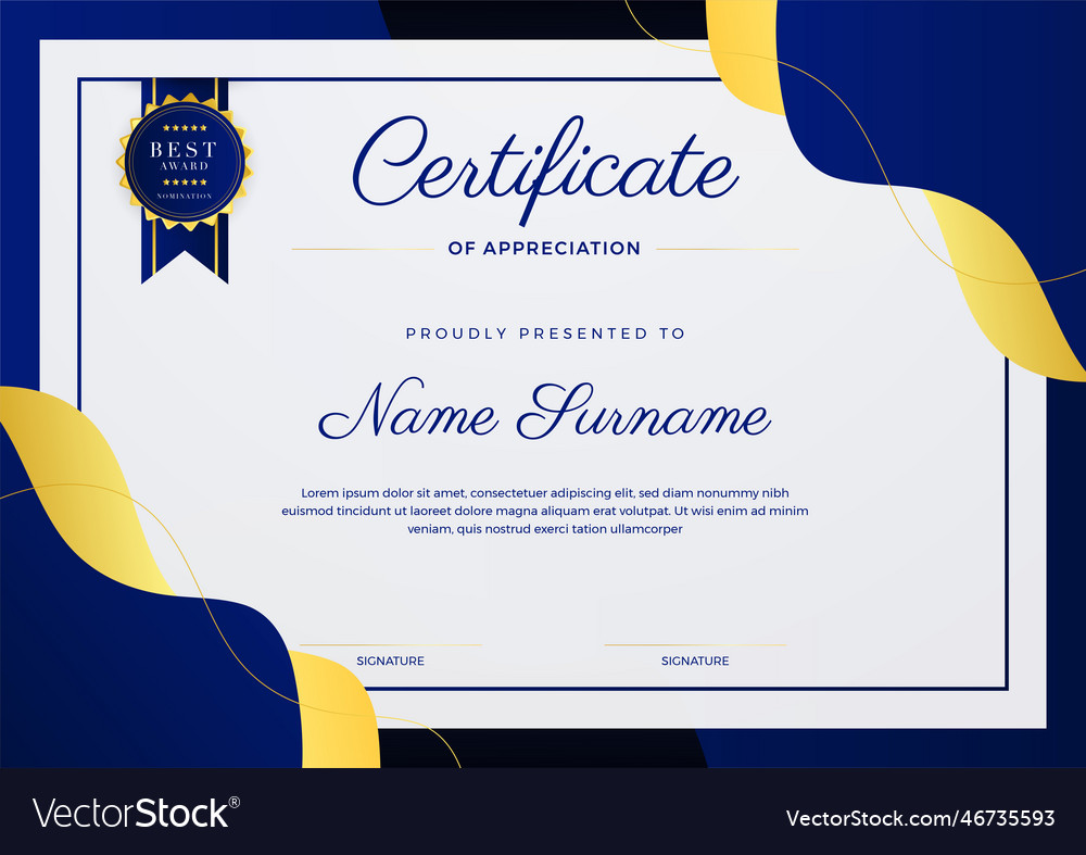 Blue and gold certificate of achievement template Vector Image