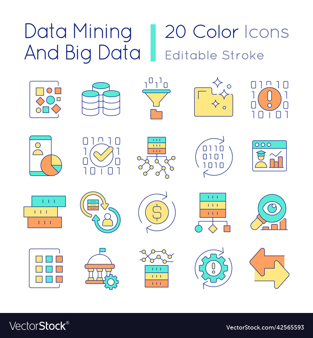 Data mining and big rgb color icons set vector image Data mining and big rgb color icons set