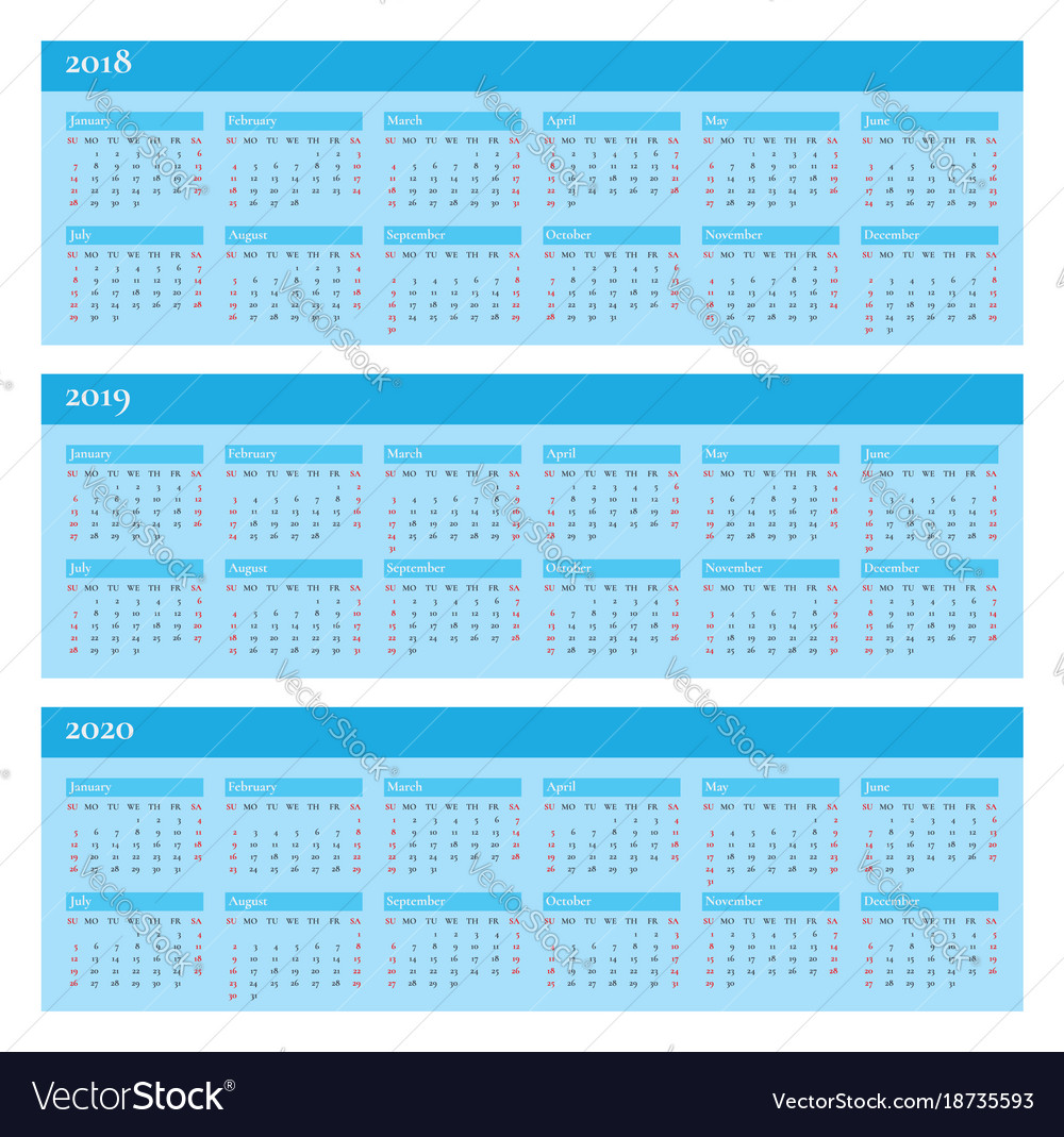 Horizontal calendar for 2018 2019 2020 years