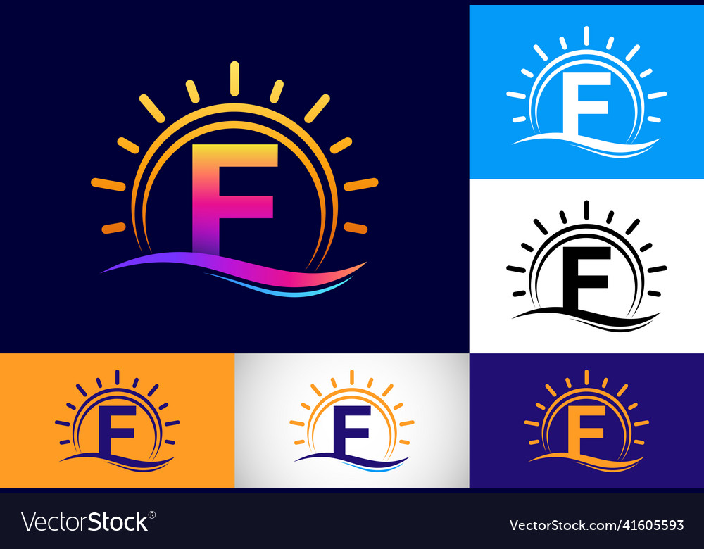 Initial f monogram alphabet with abstract sun