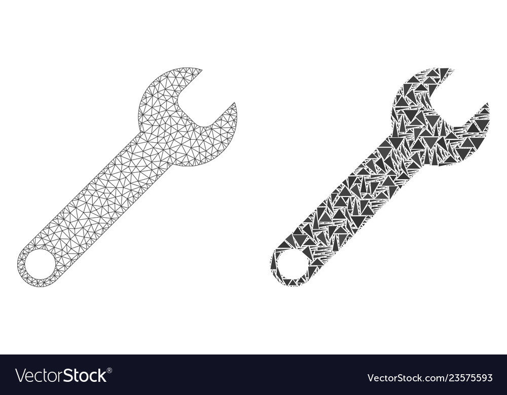 Polygonal wire frame mesh spanner and mosaic icon vector image Polygonal wire frame mesh spanner and mosaic icon