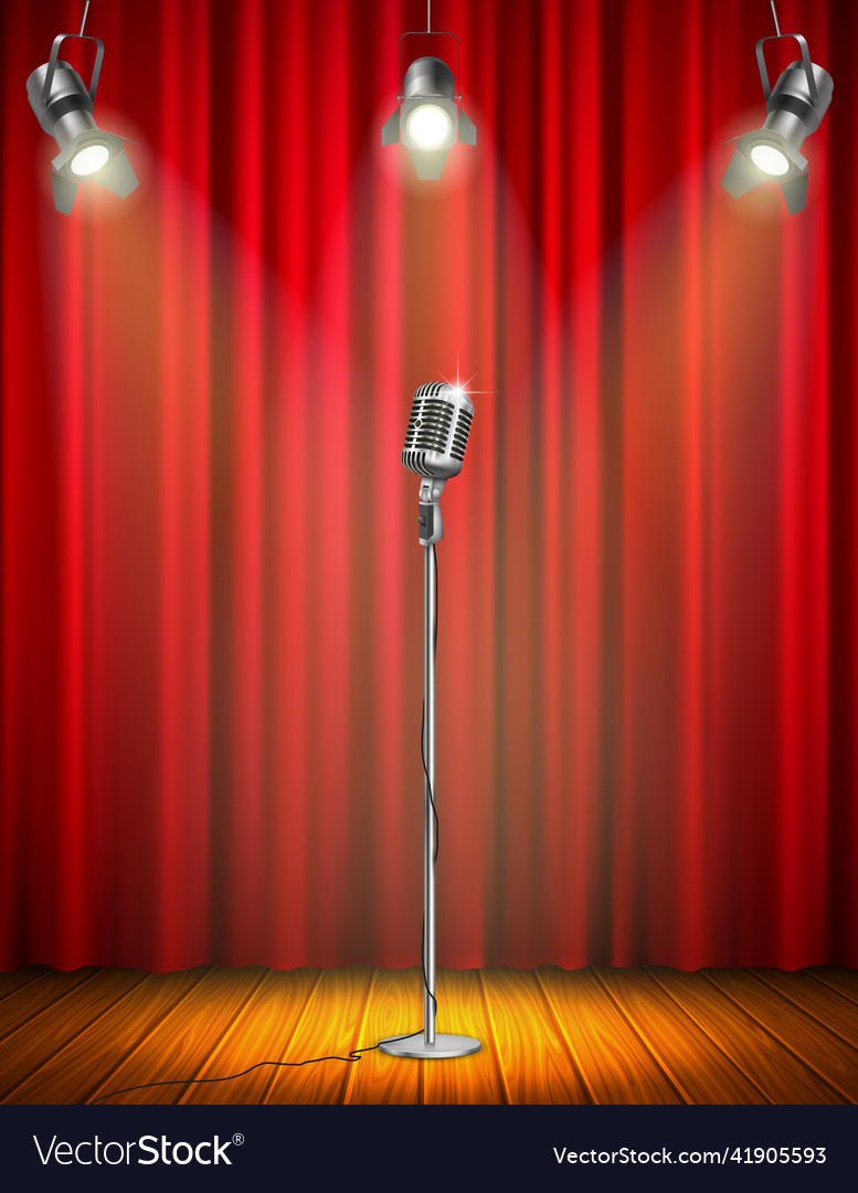 Vintage microphone on illuminated stage Royalty Free Vector