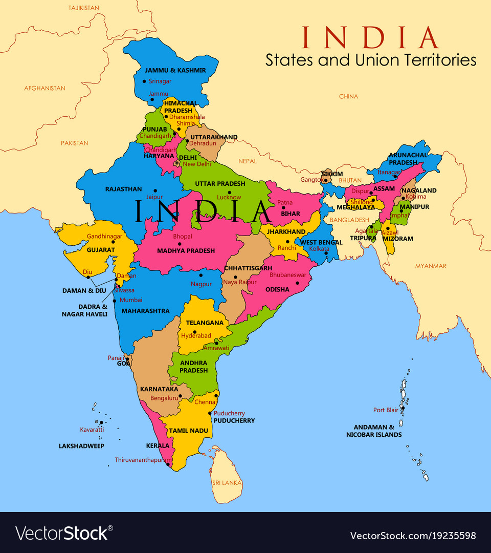 Detailed Map India Asia With All States And Vector 19235598 