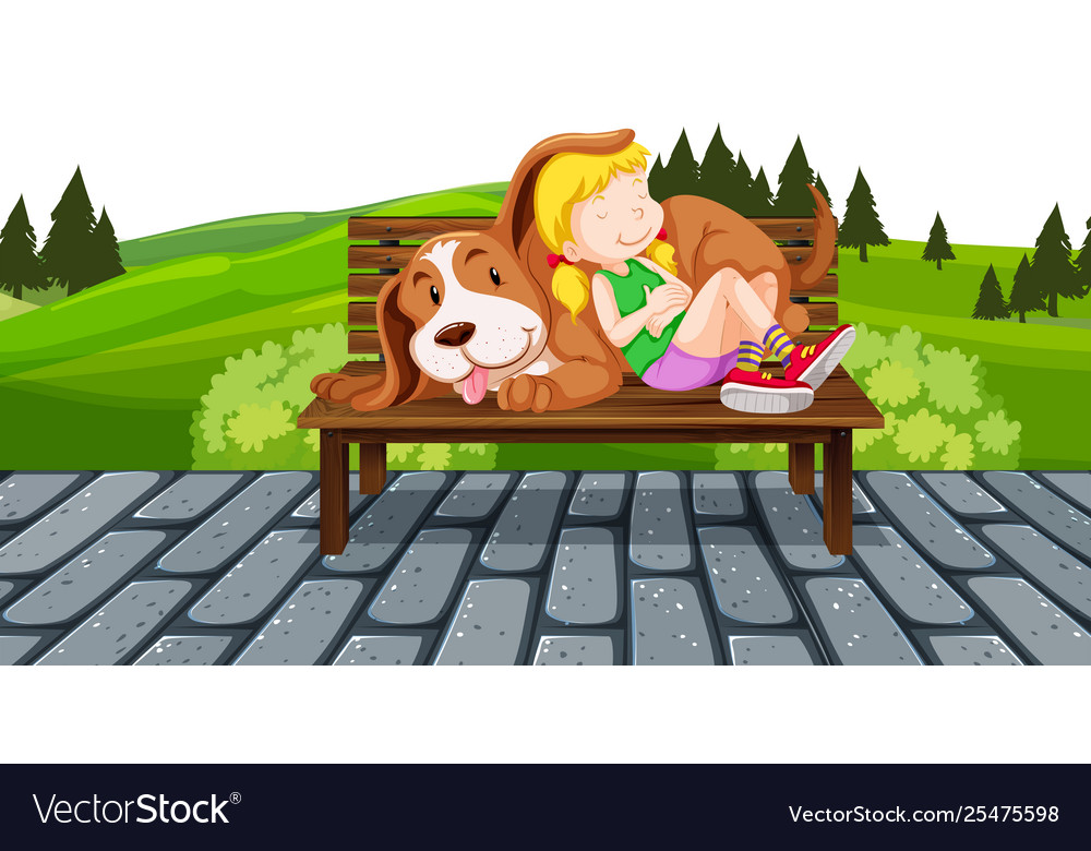Girl And Dog On Park Bench Royalty Free Vector Image