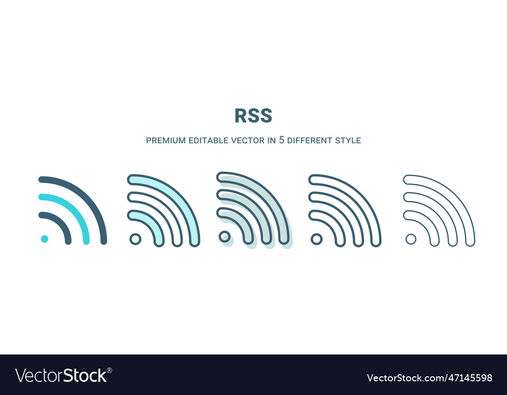 Rss-Symbol in 5 verschiedenen Stil Umriss gefüllt zwei