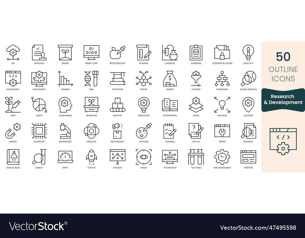 Set of research and development icons thin linear vector image Set of research and development icons thin linear