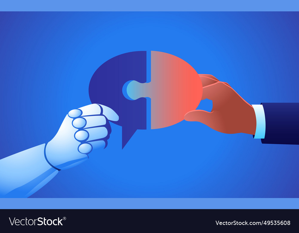 Business concept of human and robot hands put vector image Business concept of human and robot hands put