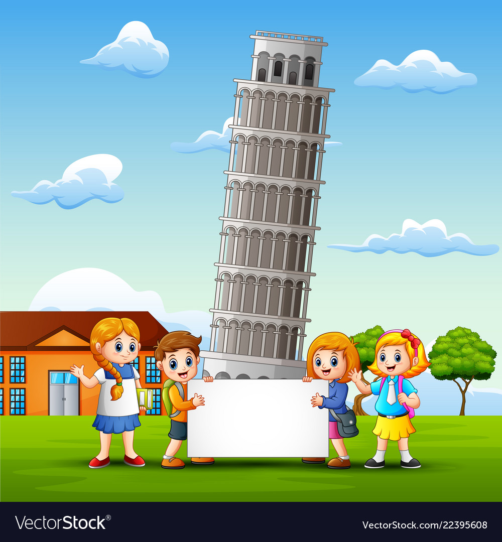 Cartoon kids bring a whiteboard in front of pisa t